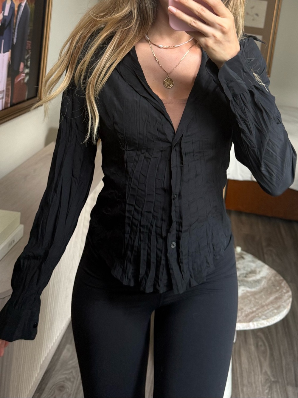 Just Cavalli Black Crinkle Button Down Shirt Blouse Y2K Designer